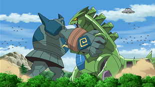 Mecha Tyranitar vs. Golurk in Best Wishes 2