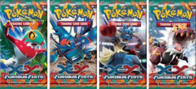 Furious Fists Booster Packs with Hawlucha, Mega Heracross, Mega Lucario, and Tyrantrum