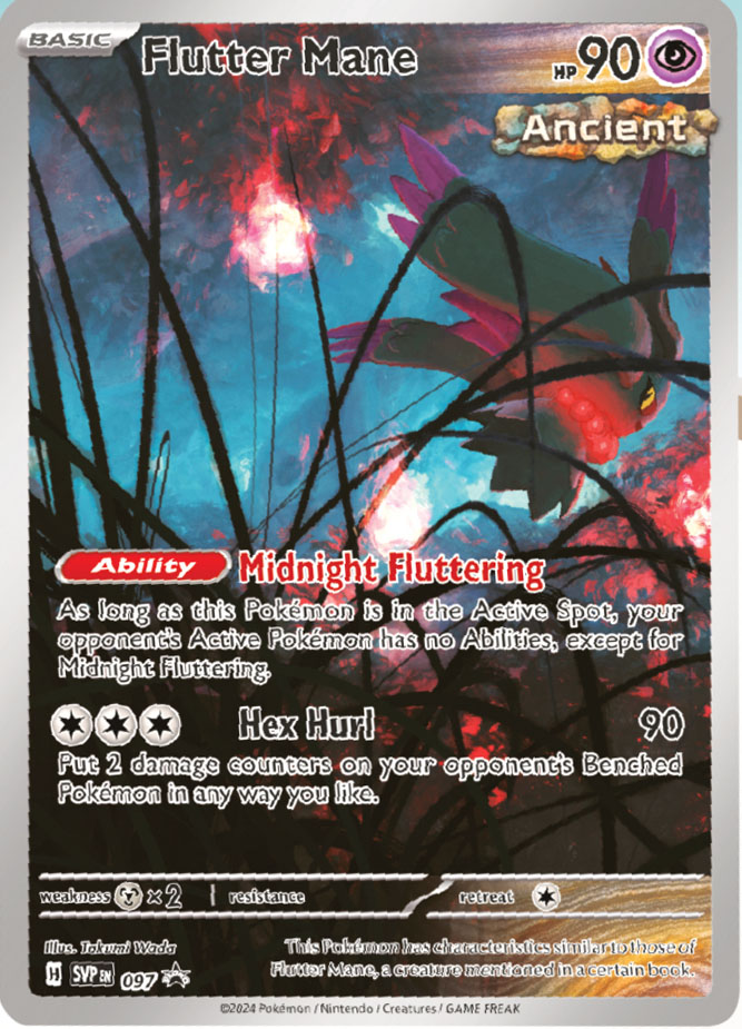 Ability: Midnight Fluttering - As long as this Pokémon is in the Active Spot, your opponent's Active Pokémon has no Abilities, except for Midnight Fluttering. / [C][C][C] Hex Hurl: 90 damage. Put 2 damage counters on your opponent's Benched Pokémon in any way you like.